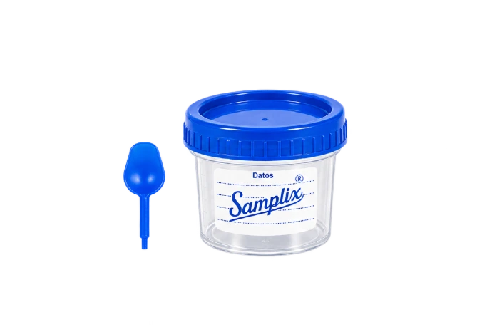 [PT03-07] Colector Parasitológico 60 ml Estéril Tapa Azul con Espátula